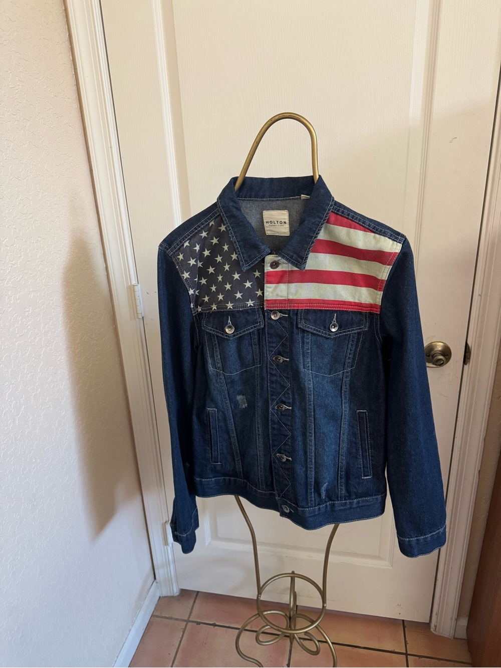 Holten Dark Blue Denim Jacket with American Flag Detail